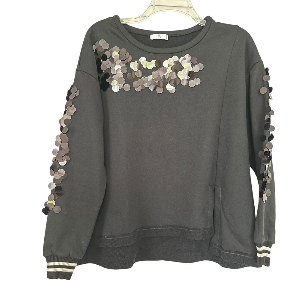 Sfizio Black Sequin Embellished Long Sleeve Crewneck Pullover Sweatshirt Size M